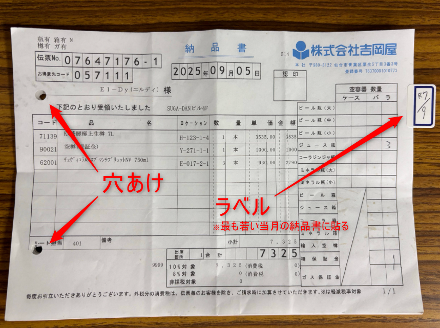 納品書に穴あけとラベルが貼り付けられた写真