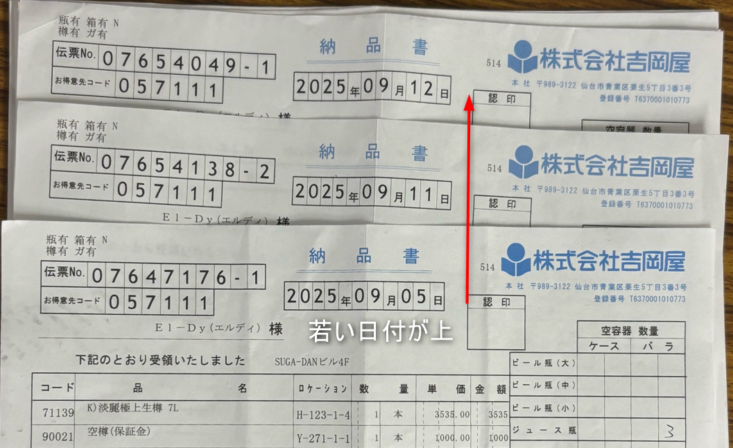納品書の束を横から見て、日付順に矢印が伸びている写真