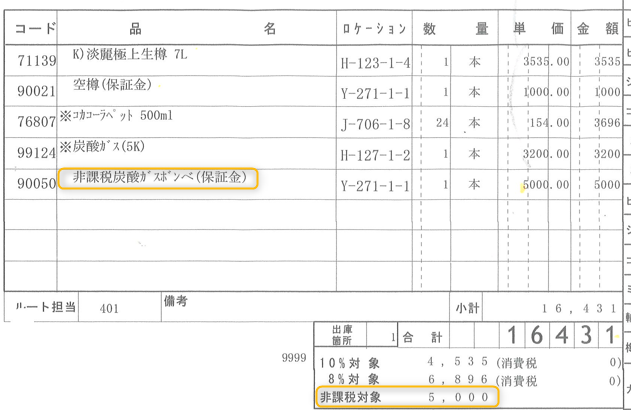納品書ガスボンベ保証料をアップにした画像